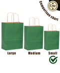 Deep Green Kraft Paper Bags With Handles Bulk 600 Pack Small Gift Bags 8x6x3 Inches comparison chart of sizes
