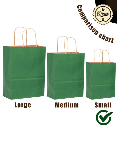Deep Green Kraft Paper Bags With Handles Bulk 600 Pack Small Gift Bags 8x6x3 Inches comparison chart of sizes