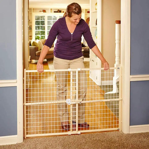 Extra Wide Wooden Baby Gate With Wire Mesh For Doorways Pressure Mounted Adjustable From About 29 To 50 Inches Wide And 31 Inches Tall