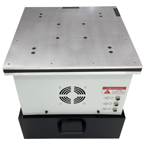 Triple Axis Vibration Test Bench With 132 Lb Load Capacity One To Four Hundred Hz Variable Frequency Vibrometer Analyzer One Point Five KW Motor, front view of steel test table