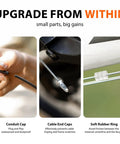 Close-up of bike cable kit features: conduit cap, cable end caps, soft rubber ring for Ultimate Universal Bike Cable Kit With Brake And Shift Cables Housing Ferrules End Caps And O Rings For Mountain Road And Gravel Bikes Quick Upgrade For Smooth Shifting And Reliable Braking.