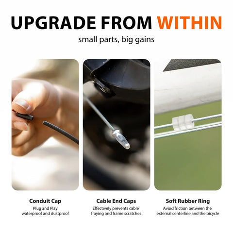Close-up of bike cable kit features: conduit cap, cable end caps, soft rubber ring for Ultimate Universal Bike Cable Kit With Brake And Shift Cables Housing Ferrules End Caps And O Rings For Mountain Road And Gravel Bikes Quick Upgrade For Smooth Shifting And Reliable Braking.