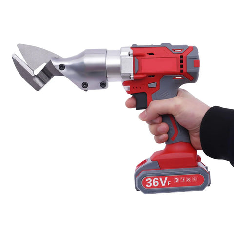 CUBELLIN 36V Cordless Electric Metal Shears Two-Speed Cutter With Dual Batteries in hand, showcasing sharp chrome vanadium blade.