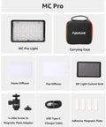 Pro Grade RGBWW LED Video Light Panel For Cameras shown with accessories including carrying case, diffuser, and charger.