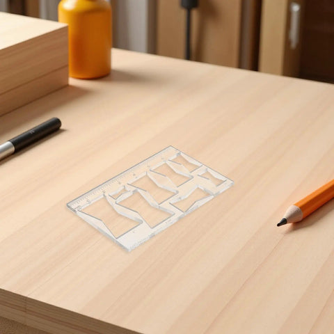 Top Shelf Bow Tie Router Template Plus Butterfly Inlay Guide on workshop table with pencil and pen for precise woodworking tasks.