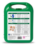 Back view of green hard case for 175 Piece Complete First Aid Kit In Reusable Hard Case With Essential Supplies For Home Office Car And Boat Built Tough Ready To Roll Easy Access And Stuff Sorted For Everyday Emergencies showing contents list.