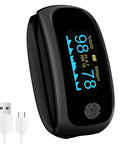 Rechargeable Finger Pulse Oximeter With SpO2 And Pulse Rate, Respiratory Monitoring, Fast Readings In 5 To 8 Seconds, Easy To Use Touchscreen Control, Not For Medical Use, Black with USB cable