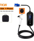 Road Warrior Portable EV Charger 7Kw 32A Electric Vehicle Charging Station with display and Type1 plug, five meter cord.