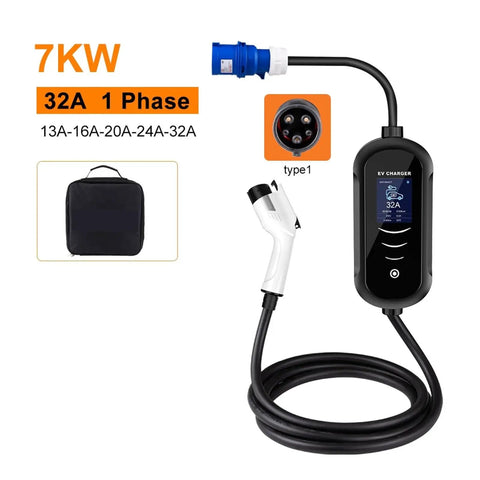 Road Warrior Portable EV Charger 7Kw 32A Electric Vehicle Charging Station with display and Type1 plug, five meter cord.