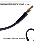 Hybrid Air Hose 1/4 Inch By 25 Feet with bend restrictor and brass fitting, kink resistant design, black