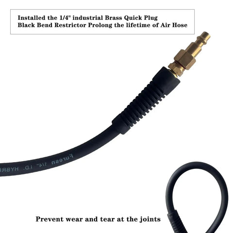 Hybrid Air Hose 1/4 Inch By 25 Feet with bend restrictor and brass fitting, kink resistant design, black