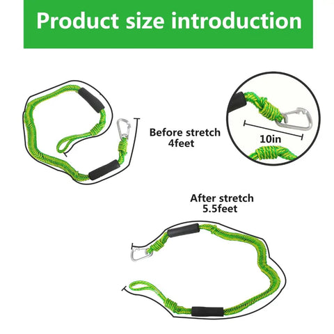 Master Chill Marine Docking With These 4 Foot Green Bungee Dock Lines Featuring Heavy Duty Stainless Clip, showing product size before and after stretch.