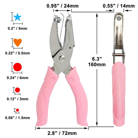 Five Piece Handheld Paper Punch Set with Plastic Handle, Metal Tag Punches for Heart, Circle, Star Shapes, DIY Craft Tags