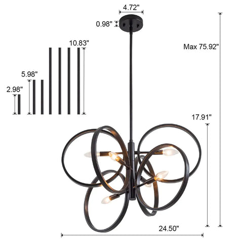 Contemporary Black Sputnik Chandelier Ceiling Light 6 Light Mid Century Geometric Circle Pendant with adjustable rings.