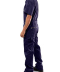 Men Short Sleeve Coveralls Navy Blue Jumpsuit With Two Way Antistatic Zipper And Locking Snap Closures shown from the side.