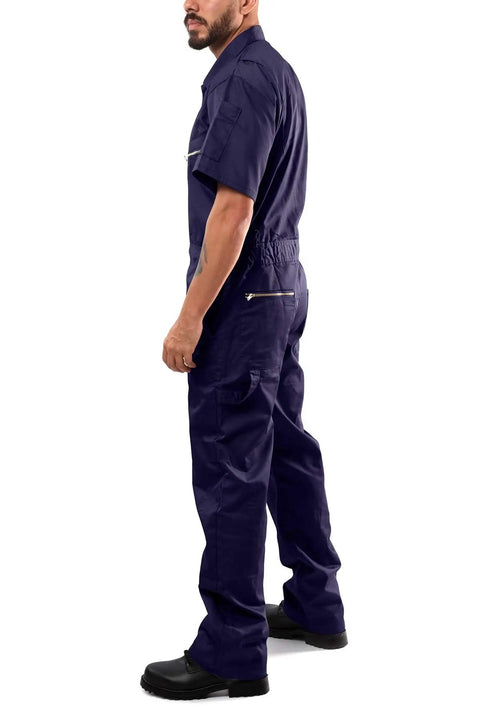 Men Short Sleeve Coveralls Navy Blue Jumpsuit With Two Way Antistatic Zipper And Locking Snap Closures shown from the side.