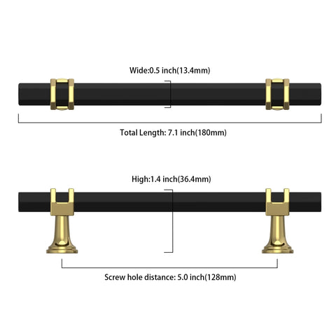 Diagram of 10 Pack 5 Inch Matte Black And Gold Kitchen Cabinet Handles with dimensions, 5 inch center-to-center, 128mm.