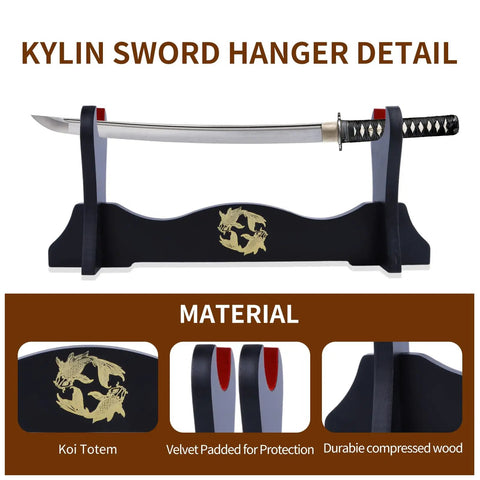 Velvet Padded Katana Stand Dope One Tier Sword Holder For Japanese Swords Yin Yang Accent Black Display Rack For Katana And Tanto Collectors
