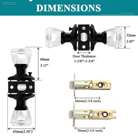 Dimensions of Six Pack Crystal Privacy Door Knobs With Lock Diamond Faceted Glass With 2 9/16 Inch Round Rosettes Black