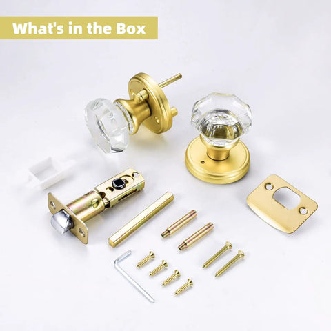 Octagon Crystal Glass Door Knob With Privacy Lock For Interior Doors Satin Brass Finish Inside Thumb Button Lock With Emergency Allen Key Release Ideal For Bathroom And Bedroom Privacy components displayed