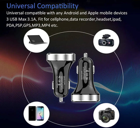 Top Shelf Three USB Car Charger With Live Voltage Meter For Quick 12V And 24V Ride Power Straight Up Fast Charging Hub close-up view with compatibility icons.
