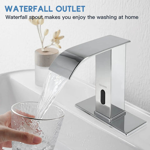 Touchless Bathroom Sink Faucet With Sensor Modern Brass Matte Black Hands Free Lavatory Faucet Single Hole Design Includes Hole Cover Plate Ideal For Home Or Commercial Use, with waterfall outlet pouring into glass