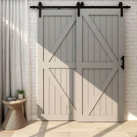 Sliding Barn Door Hardware Kit For Double Wooden Doors, 6FT Single Track System installed on white wooden double doors