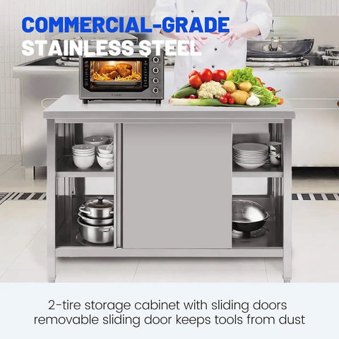 Bulletproof Stainless Steel Prep Table Featuring Sliding Door Storage Cabinet Nsf Certified Commercial Kitchen Workbench Tough Restaurant And Garage Station 71 By 31 Inches with food and storage.