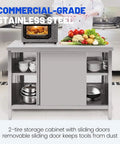 Heavy Duty Stainless Steel Workhorse Prep Table With Cabinet Commercial Kitchen Workbench Featuring Sliding Door Storage For Restaurants And Home Garages 180X60Cm with organized food and cookware.