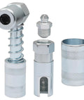 90 Degree Grease Fitting and Slotted Grease Gun Coupler Adapter with one eighth inch NPT threads, heavy duty steel