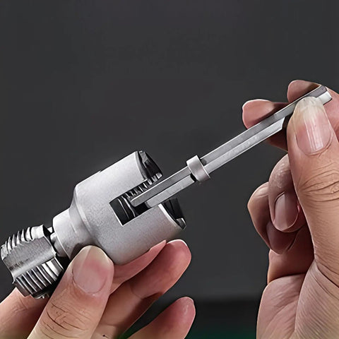 Badass 4 In 1 Pipe Threader Wrench Heavy Duty for Internal and External Threading being held, showing precision cutting tool detail.