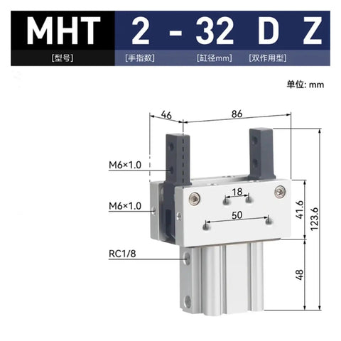 Heavy Duty Open And Close Air Claw Cylinder For Factory Automation MHT2 Series Pneumatic Actuator dimensions and specifications image.