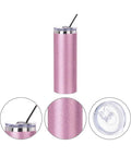 4 Pack 20 Oz Glitter Pink Sublimation Tumblers Skinny With Straws, lid, texture, and straw details, double wall insulated.
