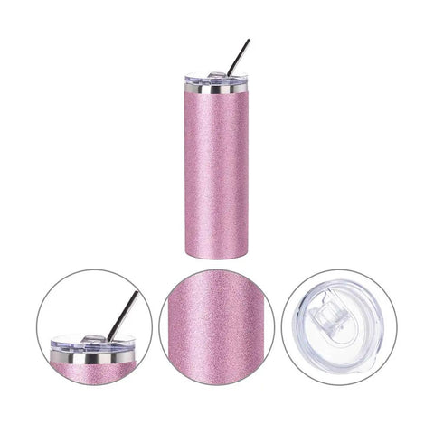4 Pack 20 Oz Glitter Pink Sublimation Tumblers Skinny With Straws, lid, texture, and straw details, double wall insulated.