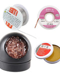 Pro DIY Soldering Iron Kit Four In One With Brass Tip Cleaner That Works Without Water Point Six Millimeter Solder Wire Fifty Gram Rosin Flux Paste Ten Gram No Clean Core Solder Handy Welding Tool Set For Home Projects visible with solder wire, brass tip cleaner, and rosin flux.