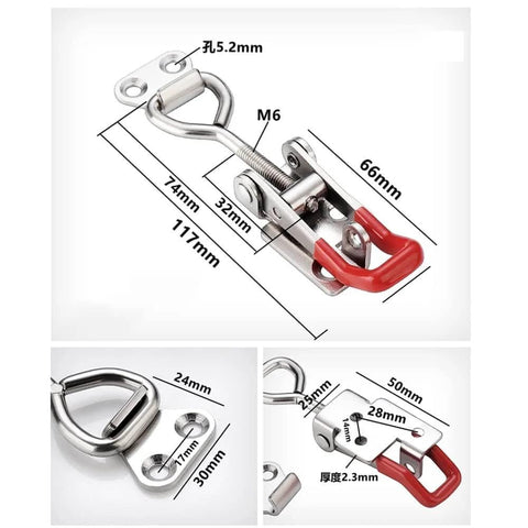 4 Pack Heavy Duty 4002 Toggle Latch Clamp With Lock Hole For Quick Release, metal clamp with red handle, includes measurements.