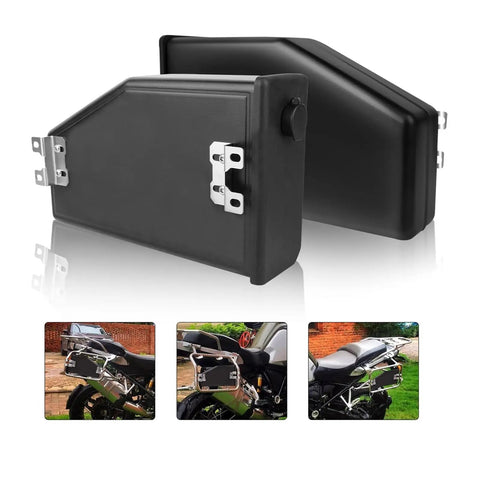 Ride Ready Waterproof Motorcycle Toolbox Left Side Carrying Case With Drop In Storage Pouch Heavy Duty Tool Stash Locker For 1200 And 1250 Models 14 To 23 in black with metal latch and angled design.