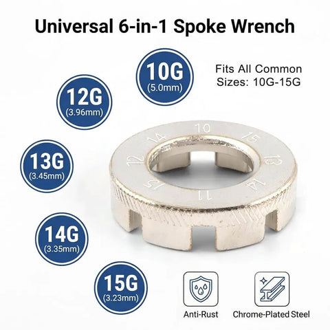 Universal 6-in-1 spoke wrench from Eight Piece Bike Spoke Wrench Tool Kit For Rim Truing And Tire Levers With Storage Box Pro Grade.