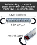 Dead Nuts Reliable Recliner Chair Tension Springs Two Pack Replacement Coil Set Five Inch Overall Length showing dimensions of 5.125 inches and 0.65 inch coil body.