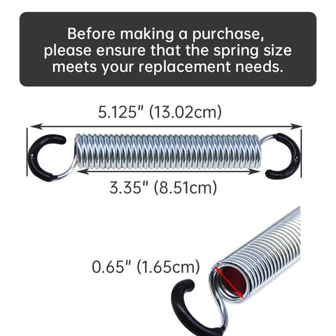 Dead Nuts Reliable Recliner Chair Tension Springs Two Pack Replacement Coil Set Five Inch Overall Length showing dimensions of 5.125 inches and 0.65 inch coil body.