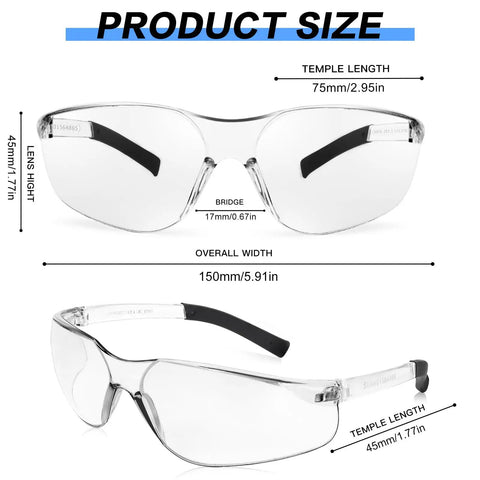 Clear Safety Glasses ANSI Z87.1 Certified For Men And Women, 30 Pack Durable Lab Eyewear dimensions with polycarbonate frames
