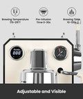 Front view of Pro Grade Semi Automatic Espresso Machine With Milk Frother And Steam Wand 15 Bar Pressure 57 Oz Removable Water Tank Dual Display Built For Cafe Quality Cappuccino And Latte At Home Ivory White G3006 showing display and controls