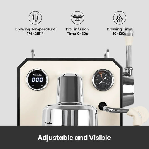 Front view of Pro Grade Semi Automatic Espresso Machine With Milk Frother And Steam Wand 15 Bar Pressure 57 Oz Removable Water Tank Dual Display Built For Cafe Quality Cappuccino And Latte At Home Ivory White G3006 showing display and controls