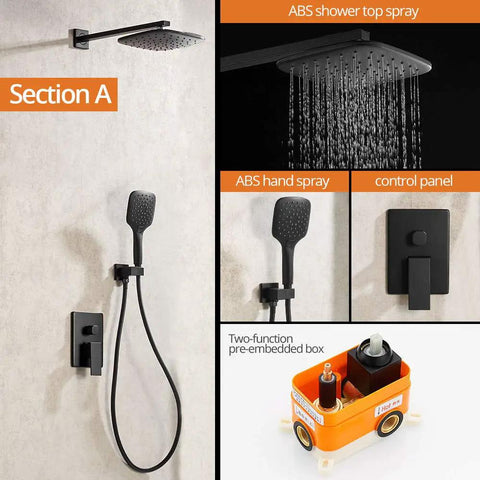 UMJIGF Black Shower System with Hot and Cold Water Contemporary Shower Faucet Set with Square Shower Head, Handheld Shower,Stainless,Abs Shower Head with ABS components and control panel.