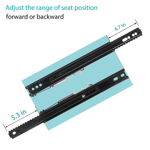 Heavy Duty Steel Seat Slider And Mounting Track Assembly For Universal Aftermarket Racing Simulator Seats With Gliding Front Rear Motion, 5.3 in and 4.7 in dimensions.
