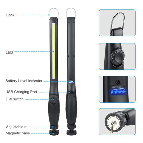 Bright 800 Lumen LED Work Light With Magnetic Base Rechargeable 3300mAh Battery COB Floodlight Two Pack with USB Port and Hook