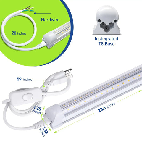 LED Shop Light 2Ft 20W V-Shaped Linkable Ceiling Fixture 2500lm 5000K Daylight with integrated T8 base and cords