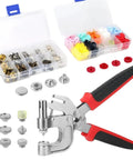 All In One Snap Kit For Fabric And Leather Grab And Go With 192 Pcs T5 Plastic Snaps In 8 Colors And 80 Pcs 15 mm Metal Snap Fasteners Includes 6 Tools For Easy Sewing Crafting And DIY Projects, featuring snap pliers and organized storage cases.