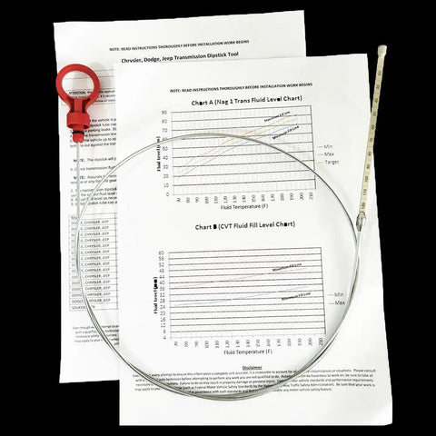 Universal Transmission Fluid Dipstick Tool for 42RLE NAG1 45RFE 62TE Transmissions with engine charts and instructions