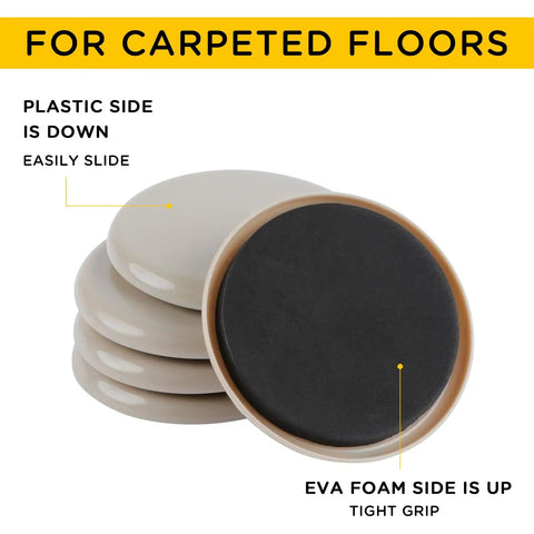 Carpet Furniture Sliders 8 Pcs 5 Inch Round Heavy Duty Moving Sliders showing plastic and EVA foam sides for carpeted floors